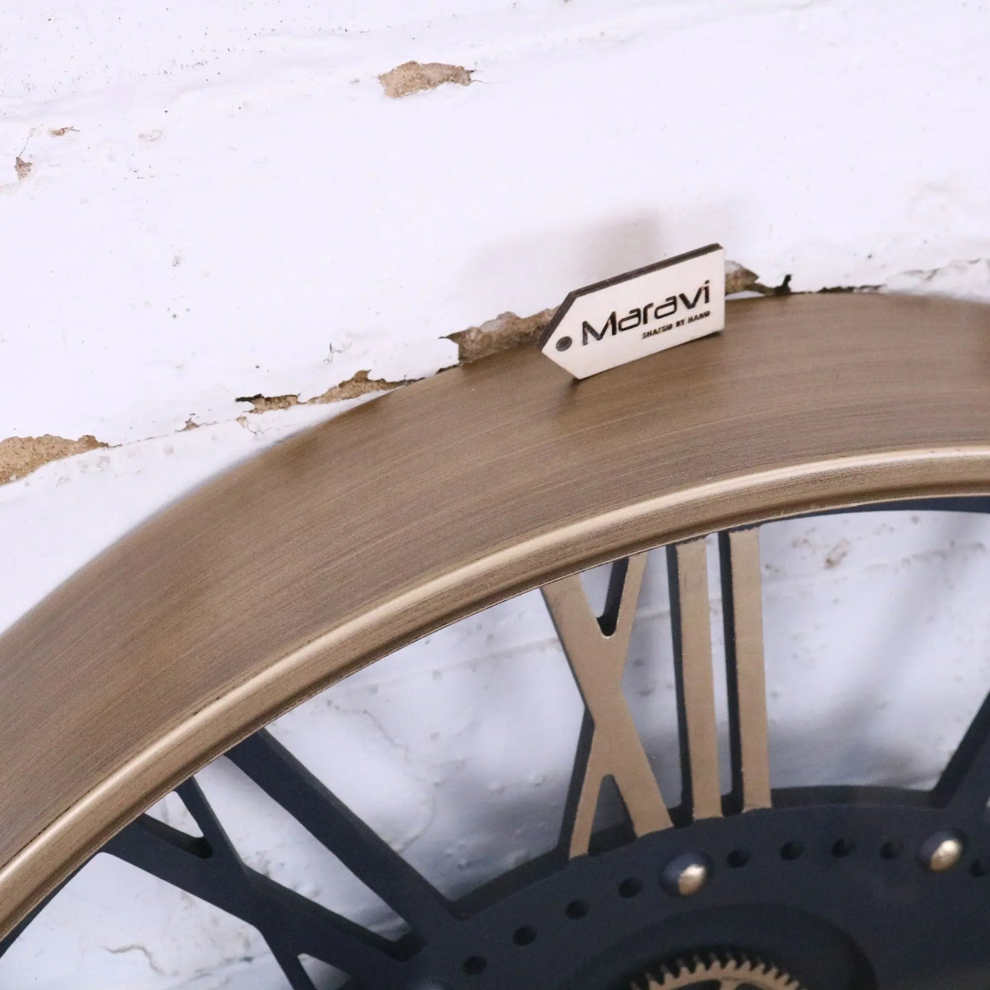 Large Wall Cog Clock Skeleton Style - Closeup of Gold Paint