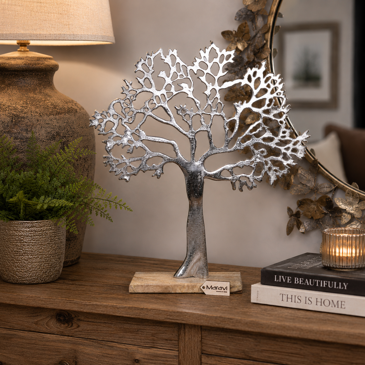 Lolam Tree Sculpture Ornament on Wooden Base 42cm - Lifestyle Image