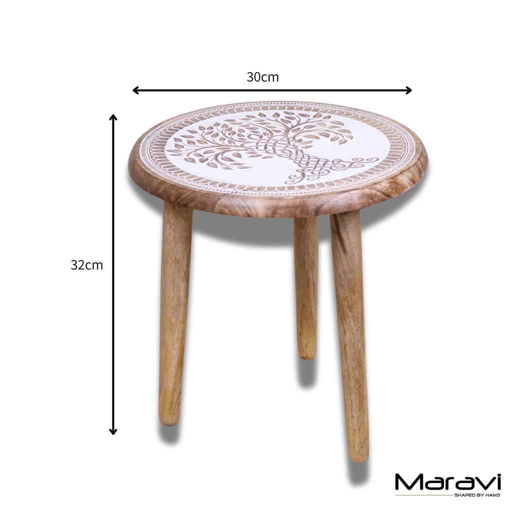 Loraya Mango Wood Stool Plant Stand Carved Tree Design - Dimensions