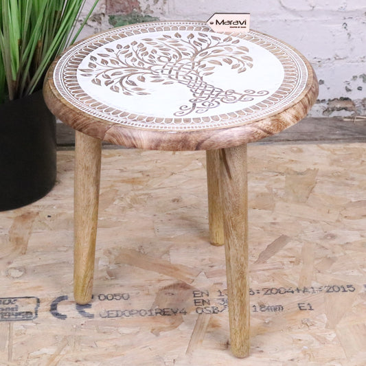 Loraya Mango Wood Stool Plant Stand Carved Tree Design - Main Image