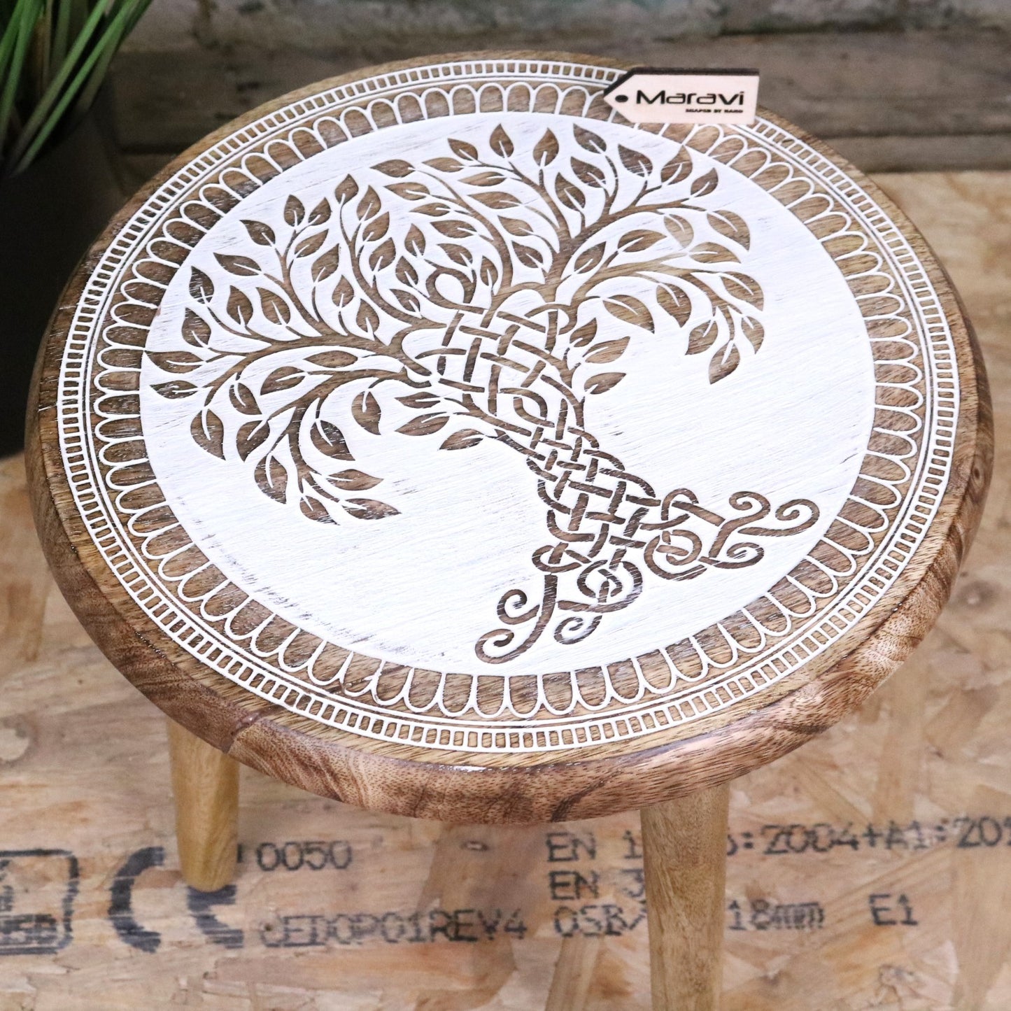 Loraya Mango Wood Stool Plant Stand Carved Tree Design - Top View
