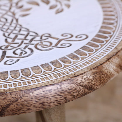 Loraya Mango Wood Stool Plant Stand Carved Tree Design - Closeup of Border Carving