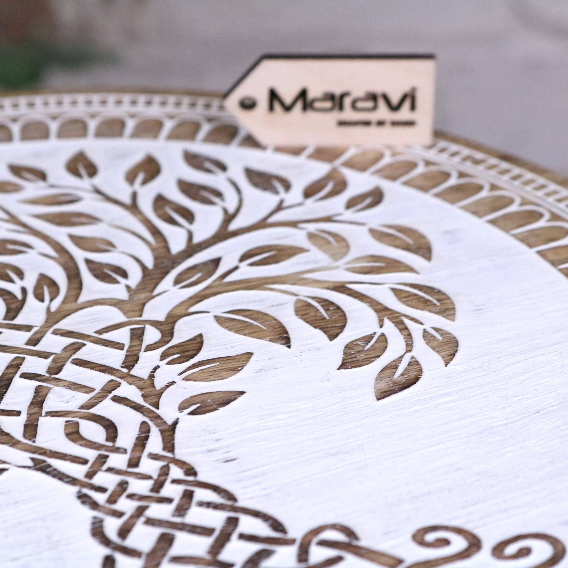 Loraya Mango Wood Stool Plant Stand Carved Tree Design - Closeup of Tree Carving