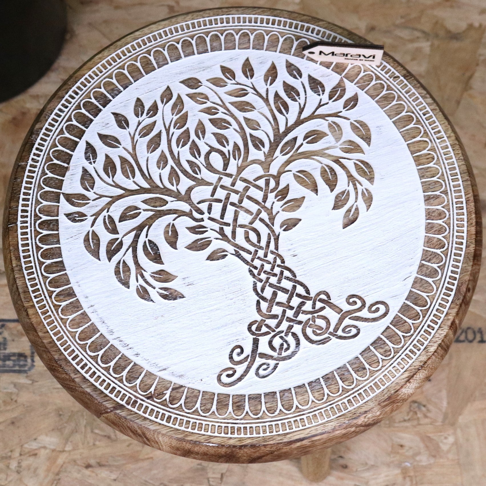 Loraya Mango Wood Stool Plant Stand Carved Tree Design - Top View 2