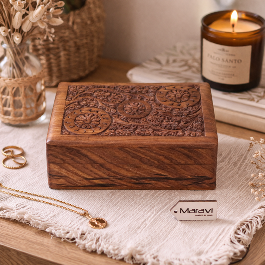 Malira Hand Carved Wooden Box Sheesham Wood - Lifestyle Image