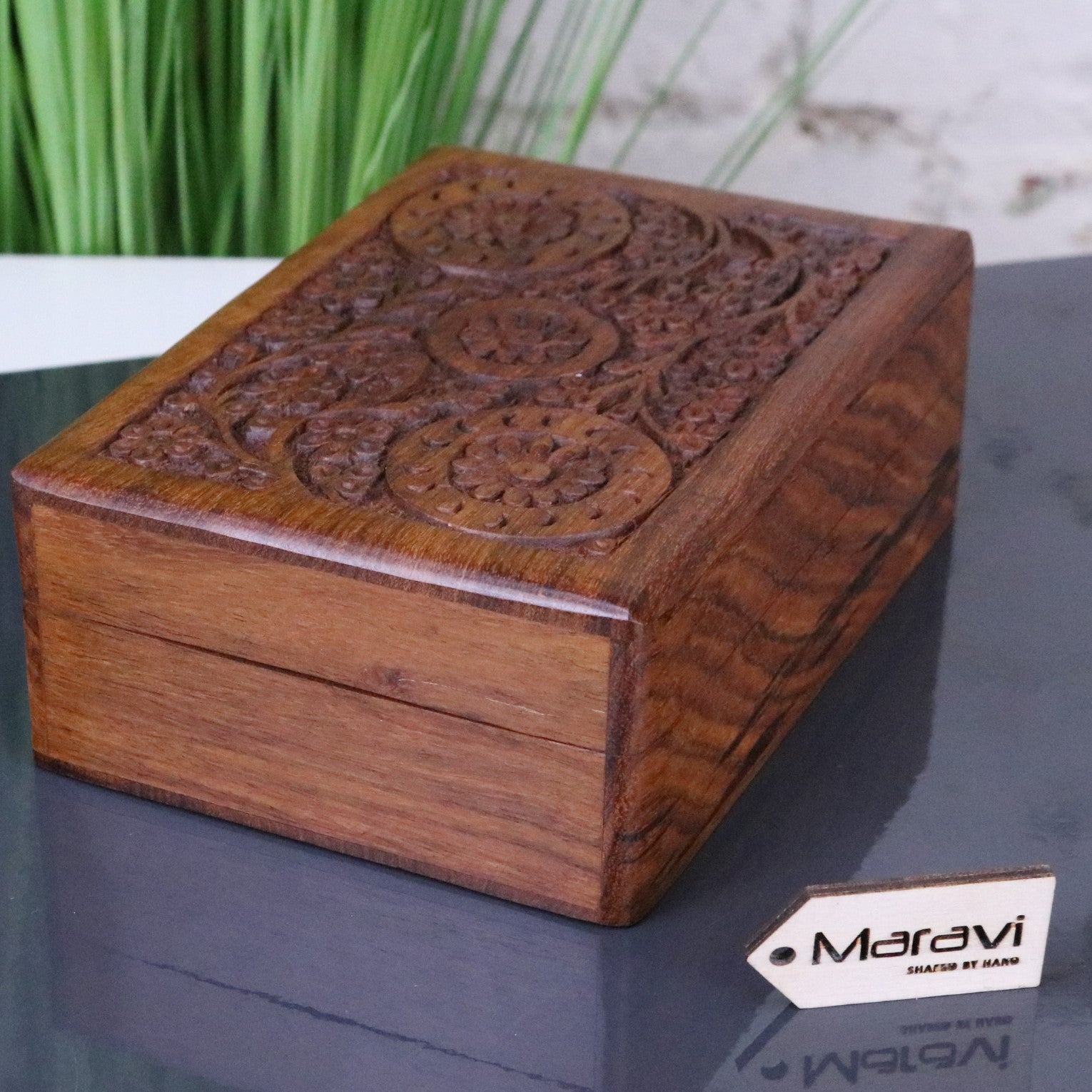 Malira Hand Carved Wooden Box Sheesham Wood - Side View