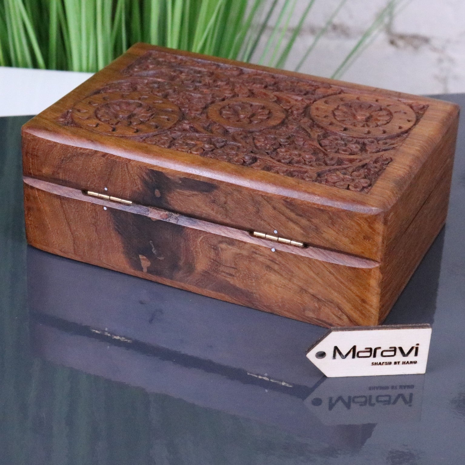 Malira Hand Carved Wooden Box Sheesham Wood - Rear View