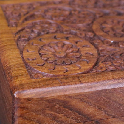Malira Hand Carved Wooden Box Sheesham Wood - Closeup of Carving