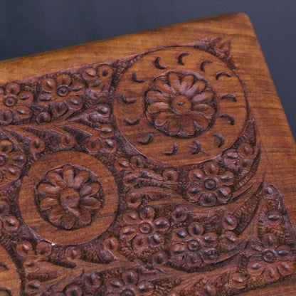 Malira Hand Carved Wooden Box Sheesham Wood - Closeup of Carving 2