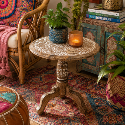 Malwa Round Wooden Pedestal Side Table - Lifestyle Image