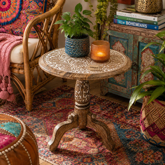 Malwa Round Wooden Pedestal Side Table - Lifestyle Image
