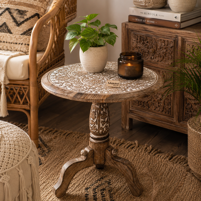 Malwa Round Wooden Pedestal Side Table