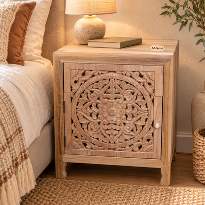Samira Teak Wooden Bedside Cabinet Left Side Hinges - Lifestyle Image