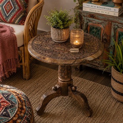 Manka Round Wooden Pedestal Side Table - Lifestyle Image
