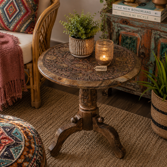 Manka Round Wooden Pedestal Side Table - Lifestyle Image