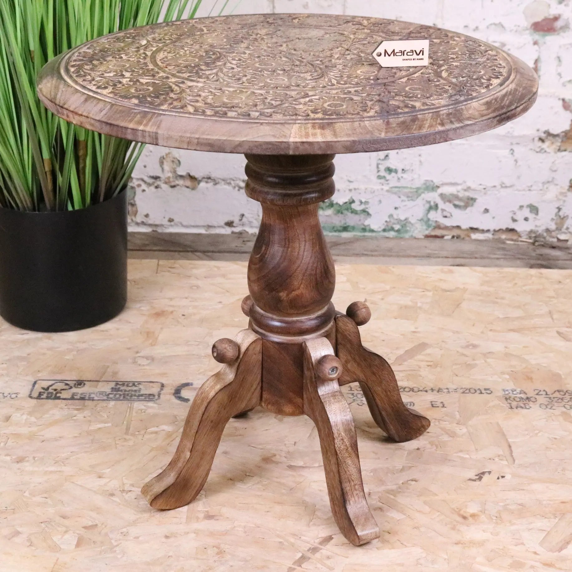 Manka Round Wooden Pedestal Side Table Maravi