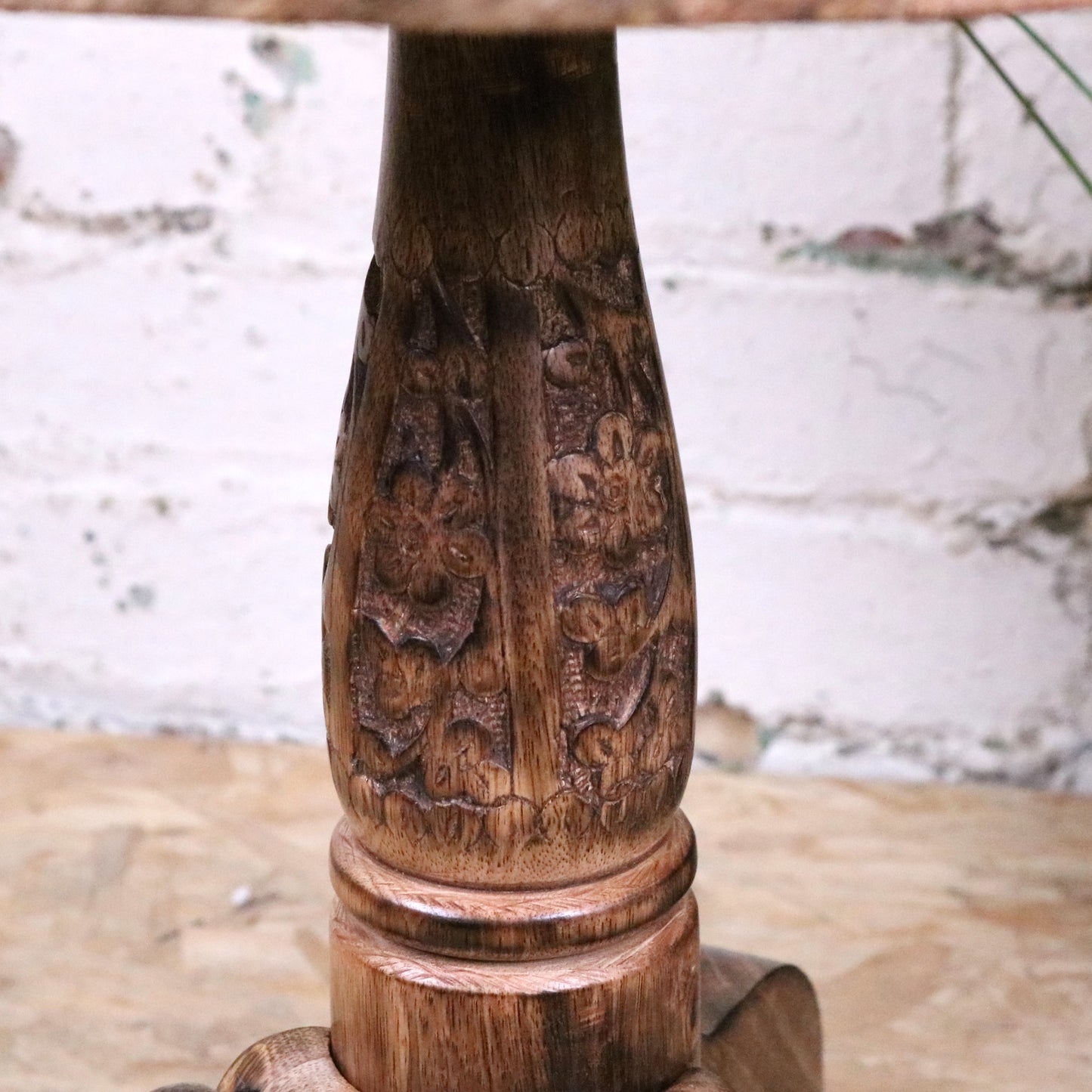 Manka Round Wooden Pedestal Side Table - Closeup of Pedestal