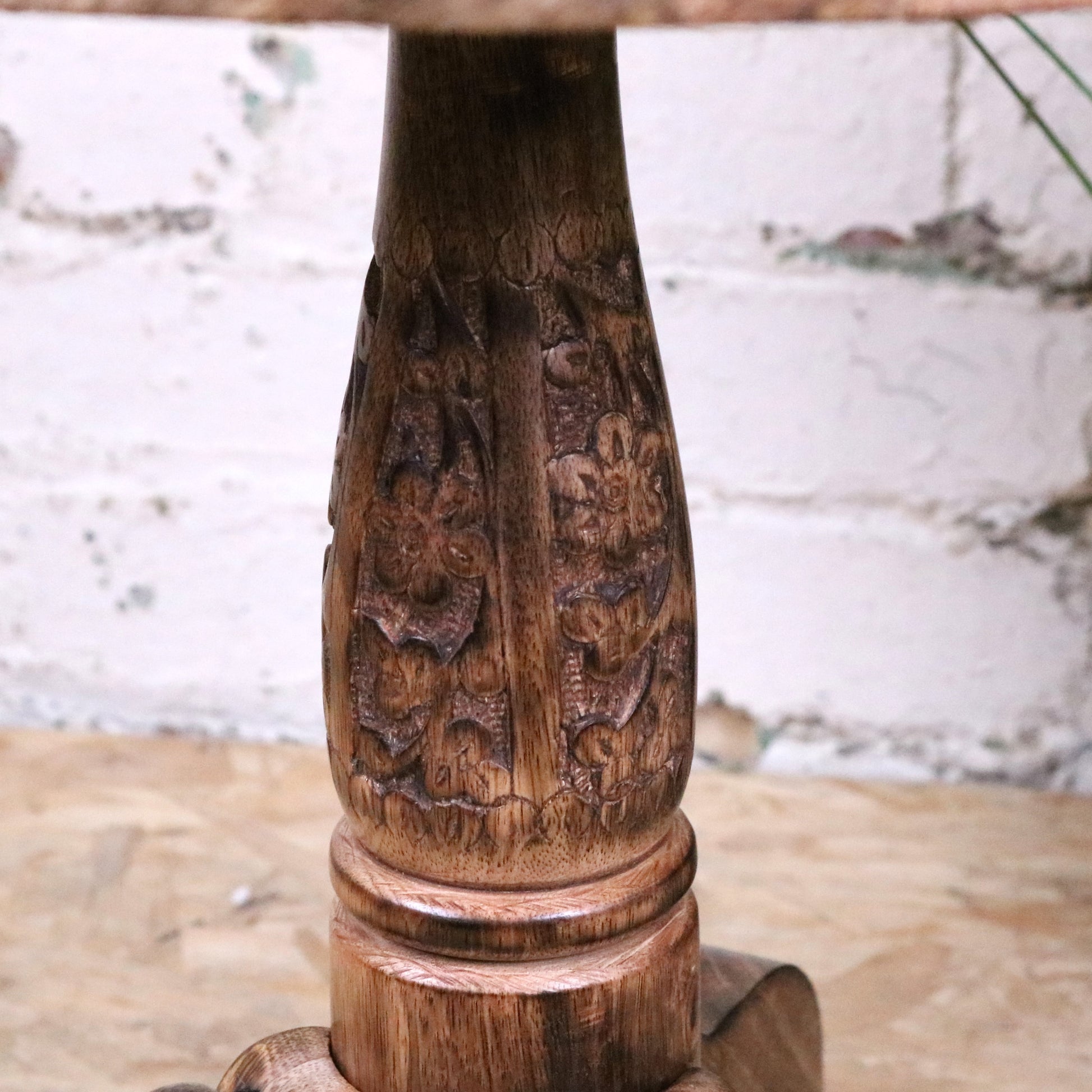 Manka Round Wooden Pedestal Side Table - Closeup of Pedestal