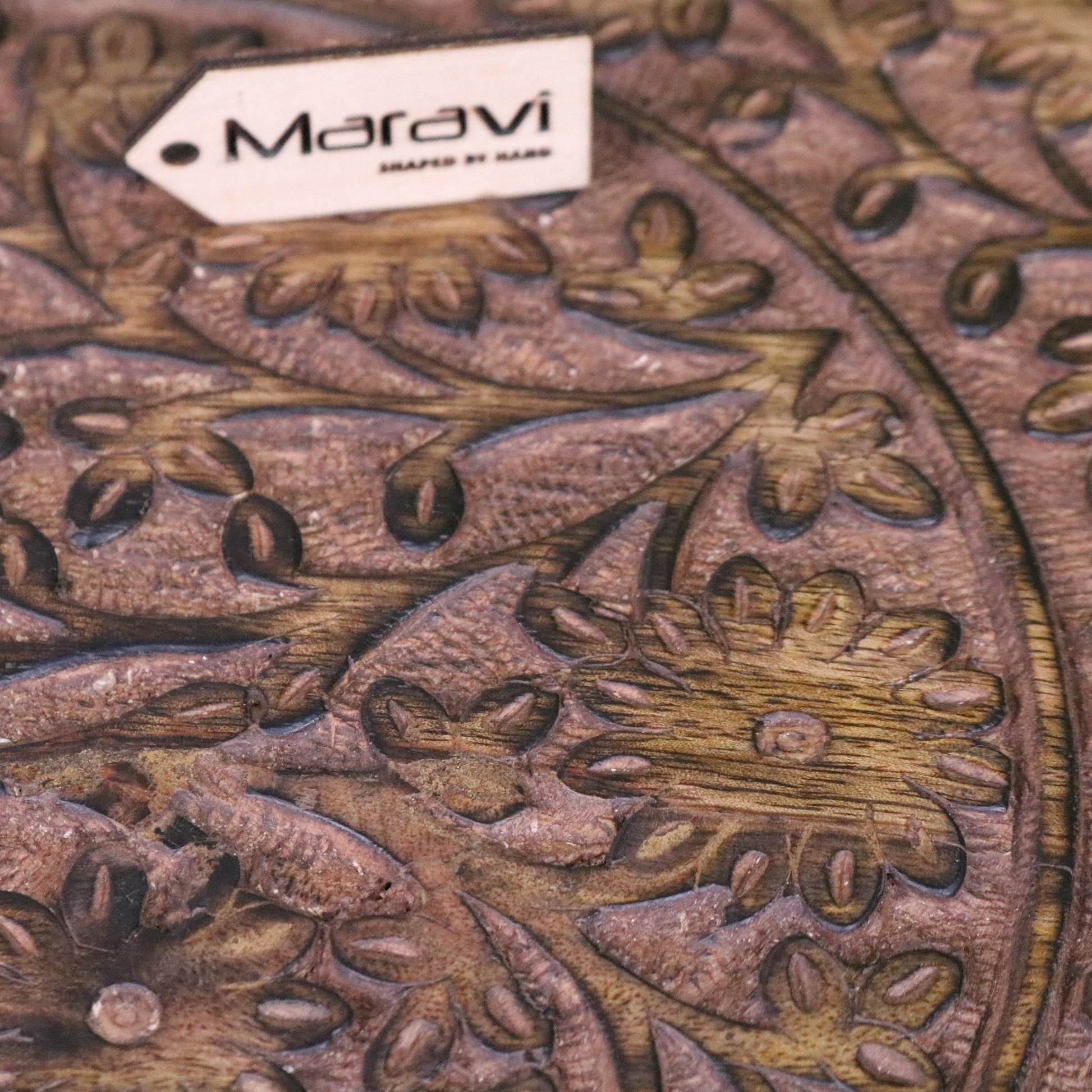 Manka Round Wooden Pedestal Side Table - Closeup of Flower Carving
