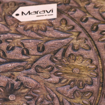Manka Round Wooden Pedestal Side Table - Closeup of Flower Carving