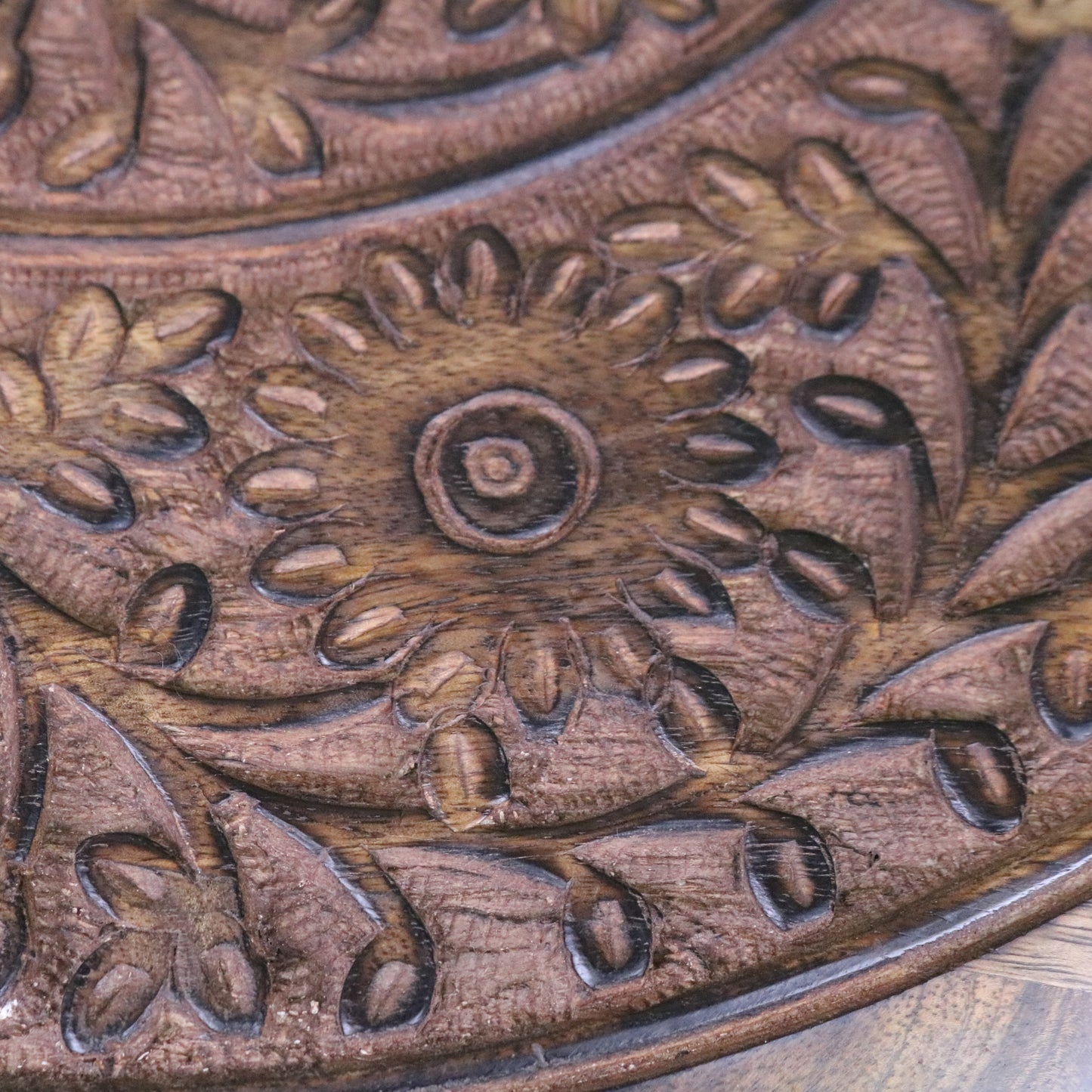 Manka Round Wooden Pedestal Side Table - Closeup of Flower Carving 2