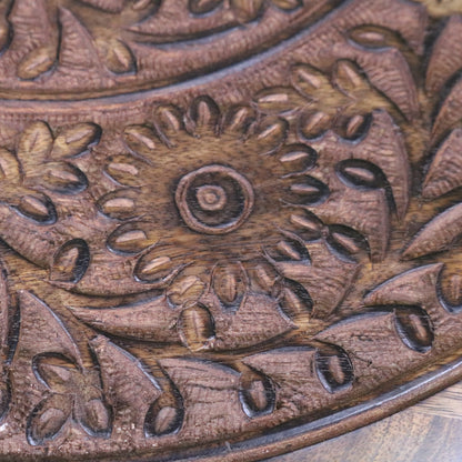 Manka Round Wooden Pedestal Side Table - Closeup of Flower Carving 2