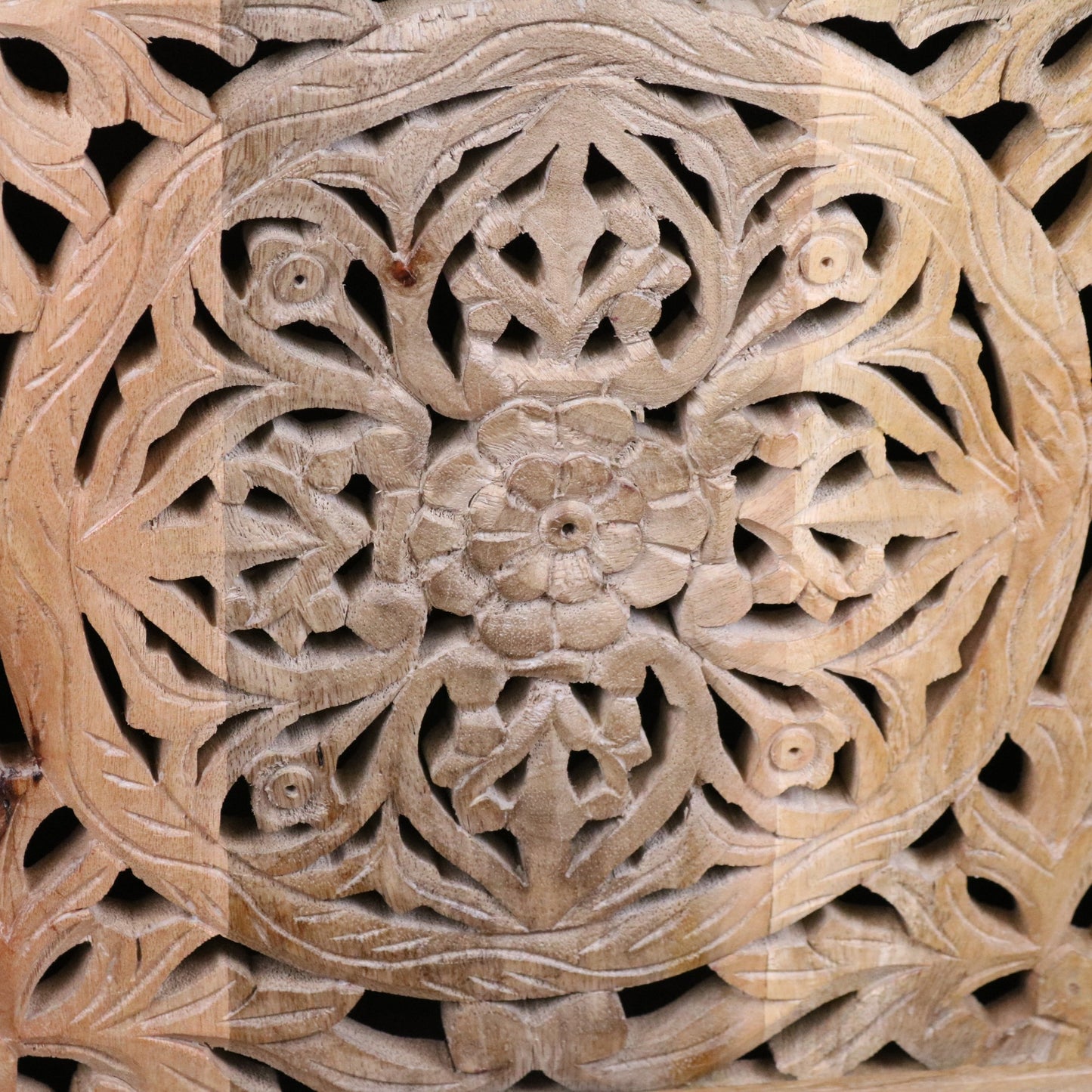 Mehira Mango Wood Bedside Cabinet - Closeup of Central carving