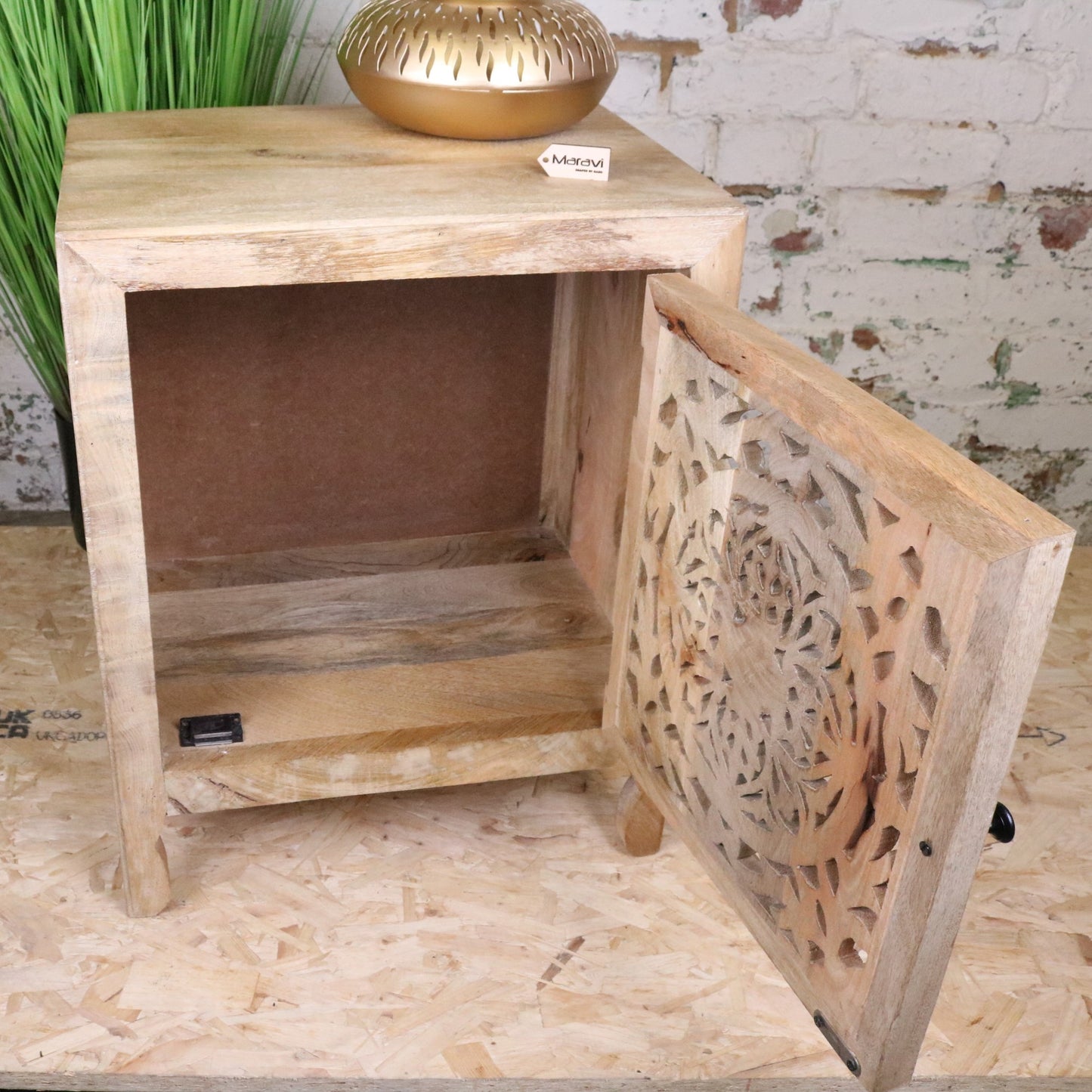 Mehira Mango Wood Bedside Cabinet - Door Open