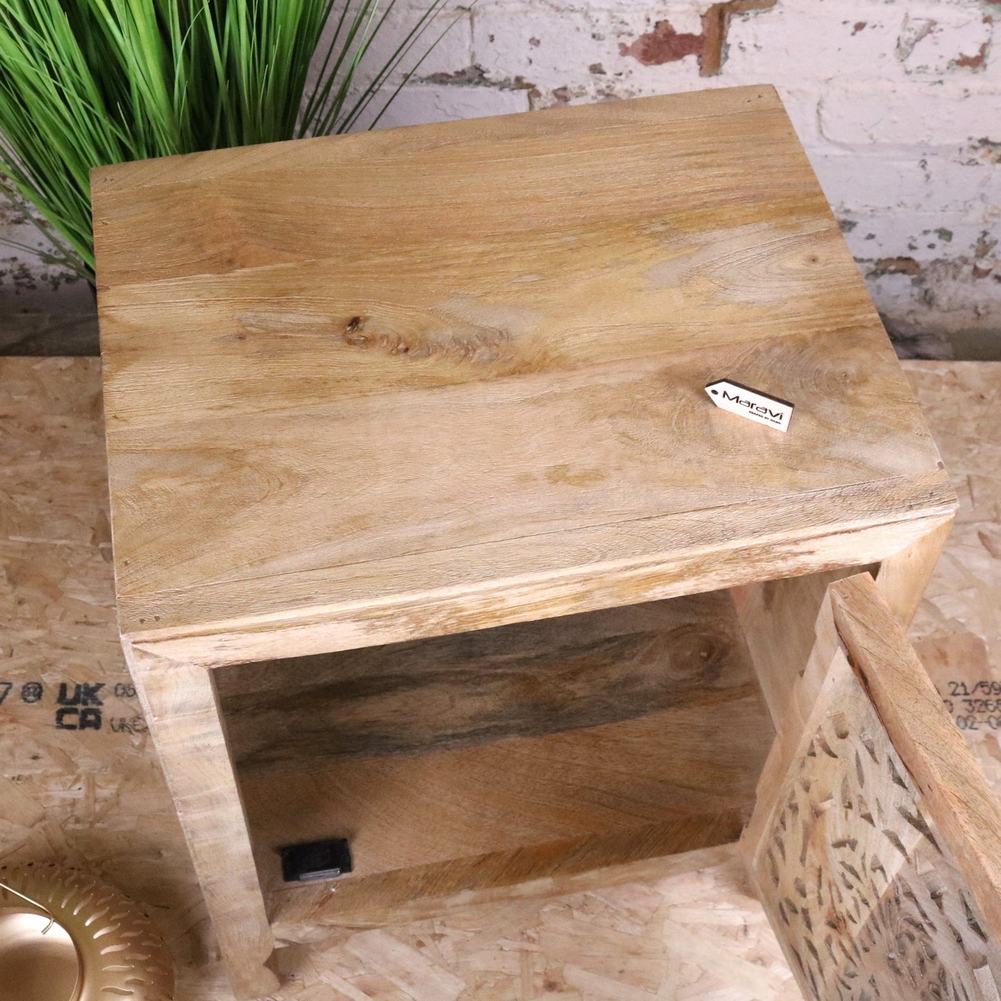 Mehira Mango Wood Bedside Cabinet - Top View with Door Open