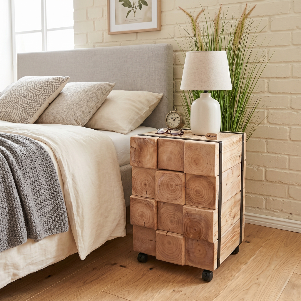 Merani Rustic Wooden Bedside Cabinet - Lifestyle Image