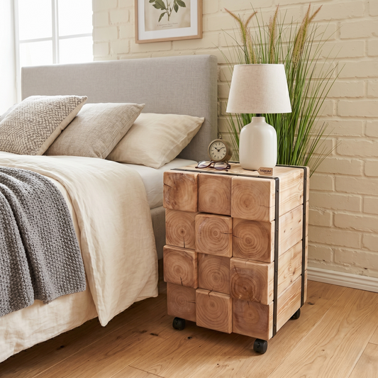 Merani Rustic Wooden Bedside Cabinet - Lifestyle Image
