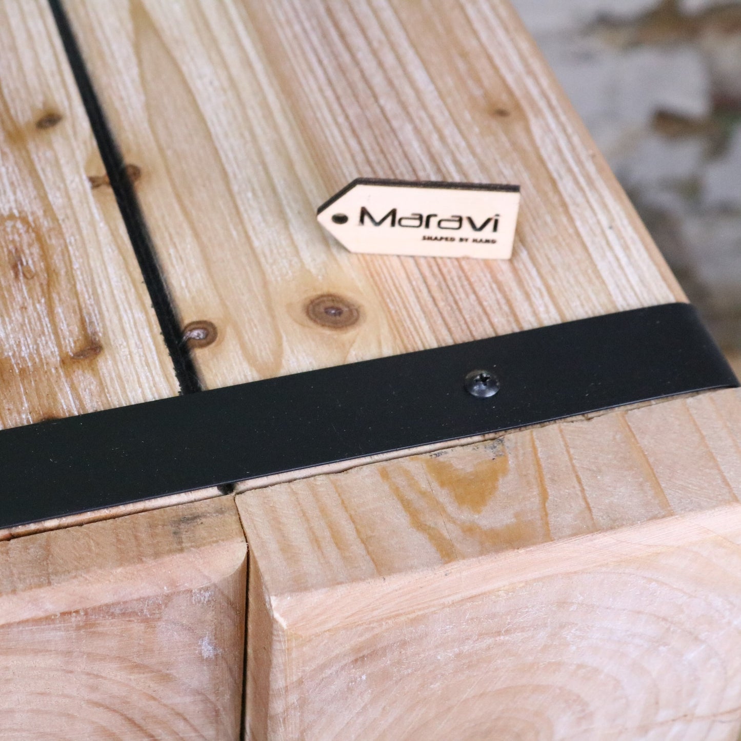 Merani Rustic Wooden Bedside Cabinet - Closeup of Metal Strap Detail