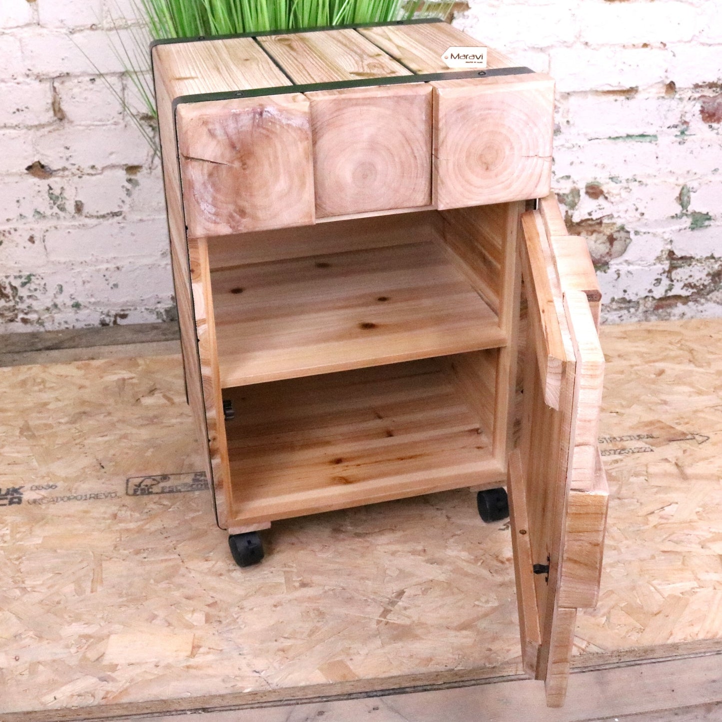 Merani Rustic Wooden Bedside Cabinet - Opened Cupboard