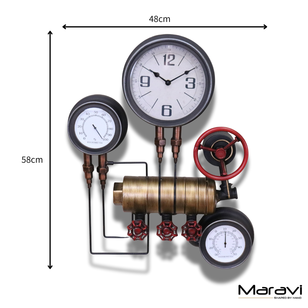 Mevara Pipe Industrial Wall Clock and Thermometer - Dimensions