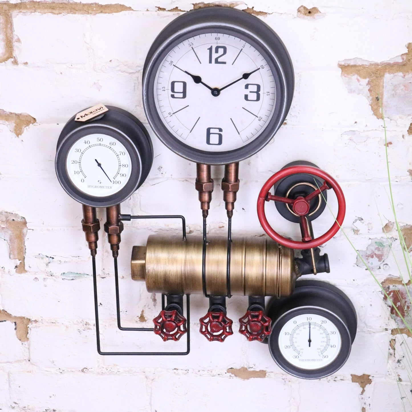 Mevara Pipe Industrial Wall Clock and Thermometer - Main 