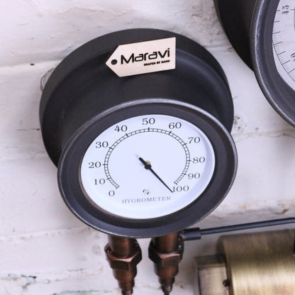 Mevara Pipe Industrial Wall Clock and Thermometer - Closeup of Hygrometer