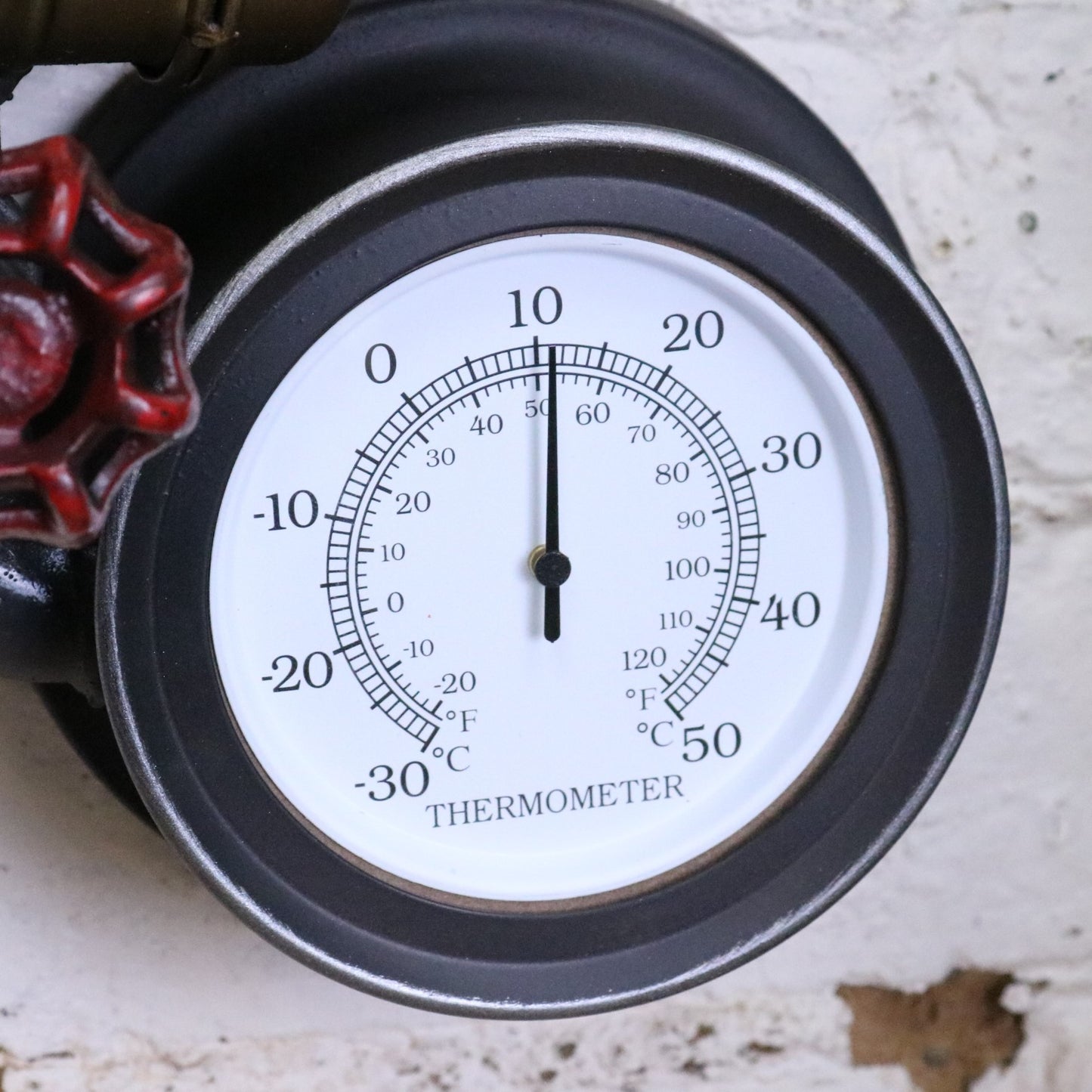 Mevara Pipe Industrial Wall Clock and Thermometer - Closeup of Thermometer Face