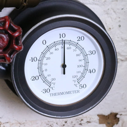 Mevara Pipe Industrial Wall Clock and Thermometer - Closeup of Thermometer Face