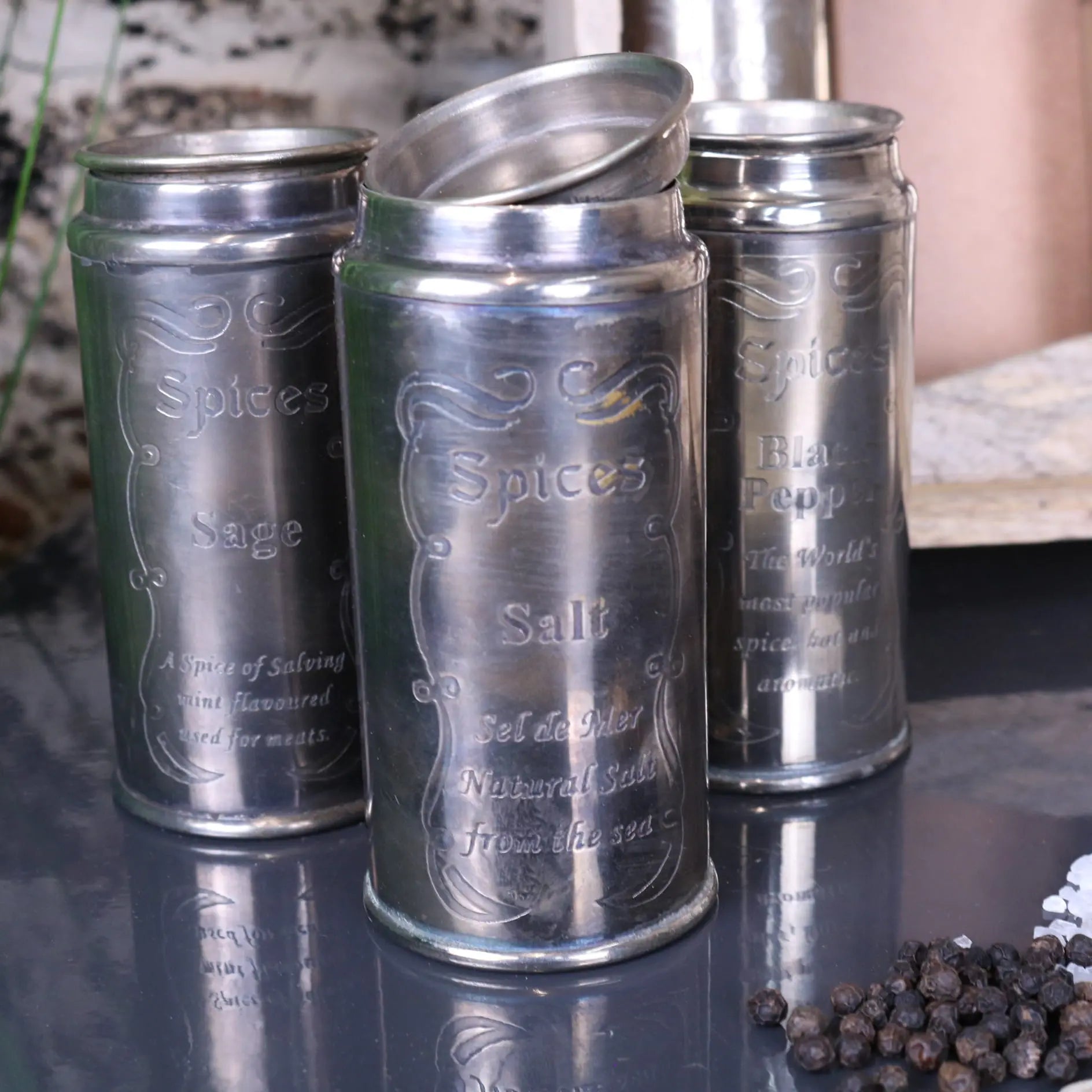 Namak Wooden Wall Mounted Spice Rack - Closeup of Canisters with Lid Closed