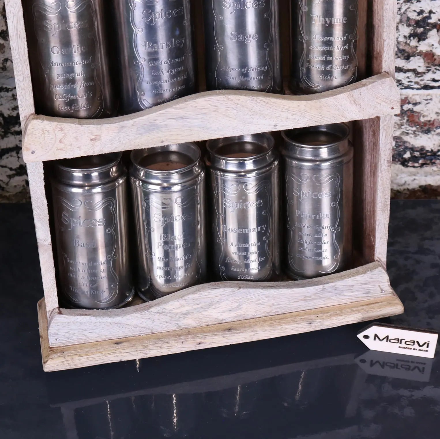 Namak Wooden Wall Mounted Spice Rack - Closeup of Botton Half
