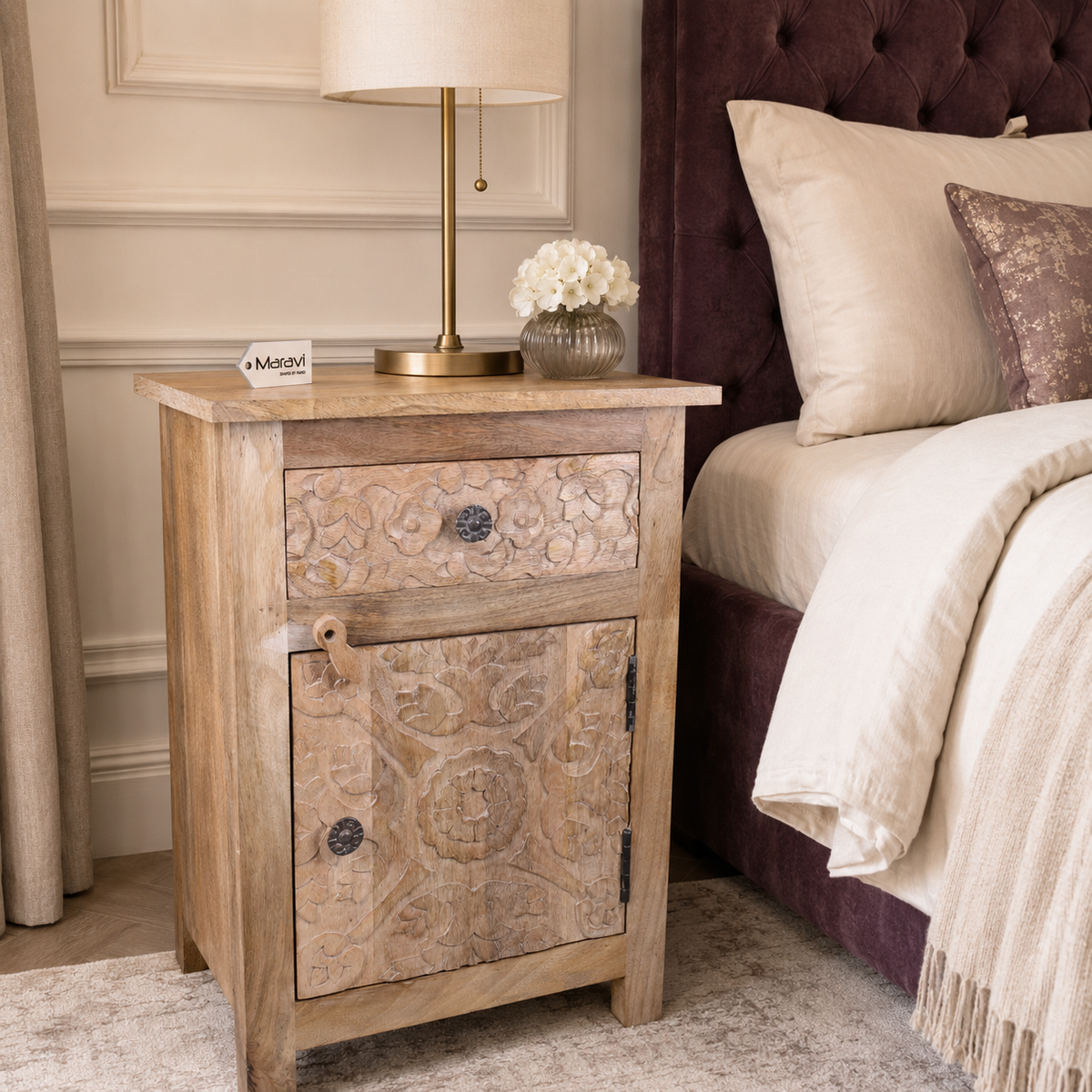 Rengali Large Mango Wood Side Table Leaf Carving - Lifestyle Image