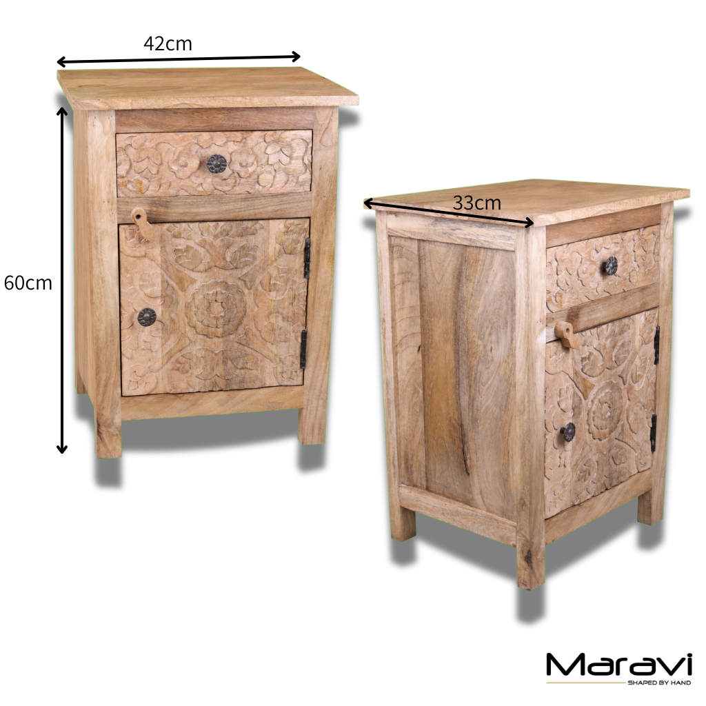 Nausel Mango Wood Bedside Cabinet Hand Carved - Dimensions