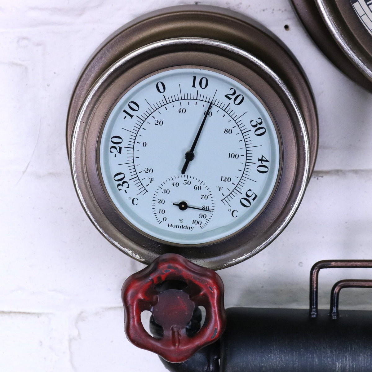 Navika Pipe Industrial Wall Clock - Closeup of Thermometer Face
