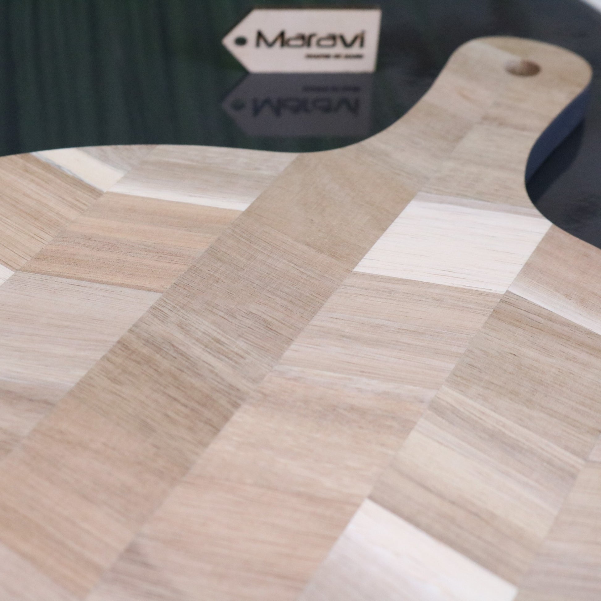 Navora Round Wooden Serving Board 40cm - Closeup of Herringbone Pattern