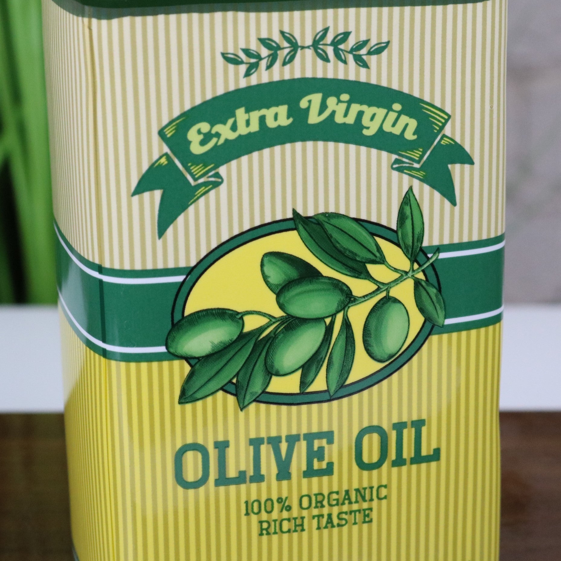 Norika Olive Oil Can Kitchen Vase - Closeup of Printed Design