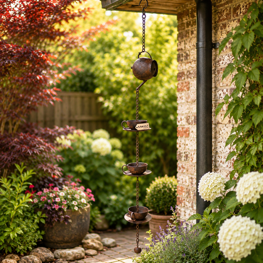 Omira Teapot and Cups Rain Chain Rustic - Lifestyle Image