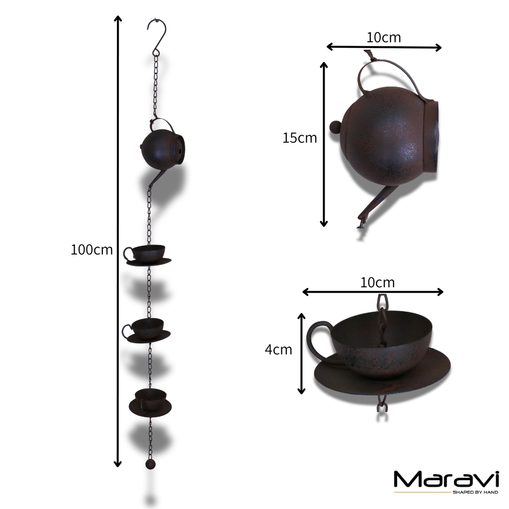 Omira Teapot and Cups Rain Chain Rustic - Dimensions