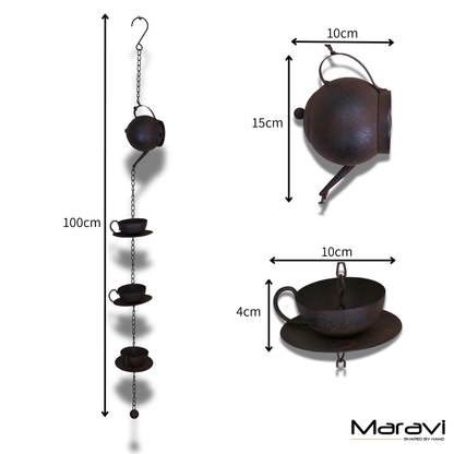 Omira Teapot and Cups Rain Chain Rustic - Dimensions