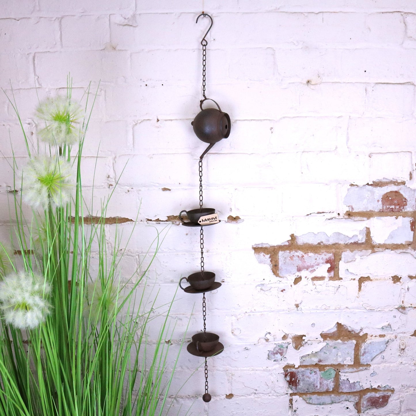 Omira Teapot and Cups Rain Chain Rustic - Main Image