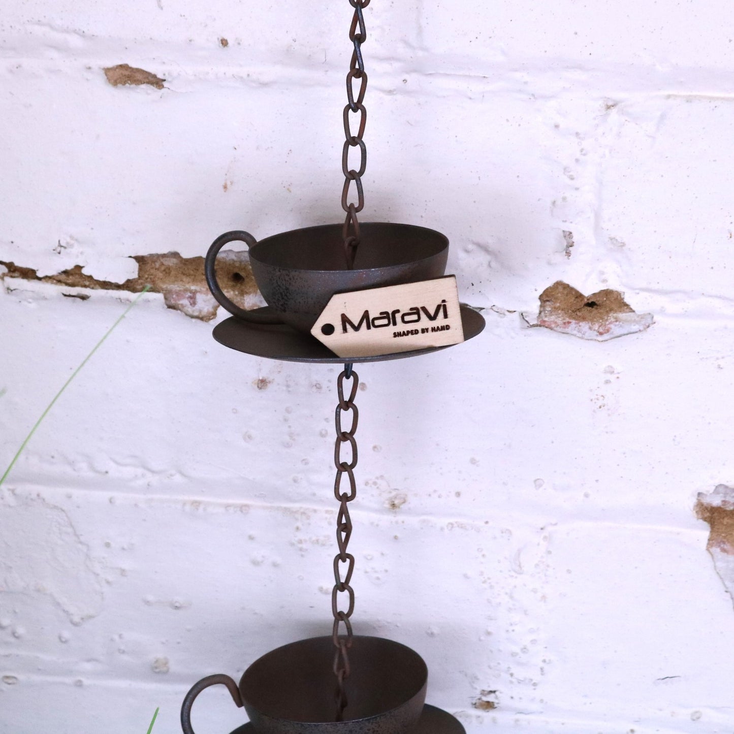 Omira Teapot and Cups Rain Chain Rustic - Closeup of Tea Cup